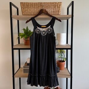 Alice + Olivia Black Cotton Silk-Lined Embellished Rosette Ruffle Hem Dress, L